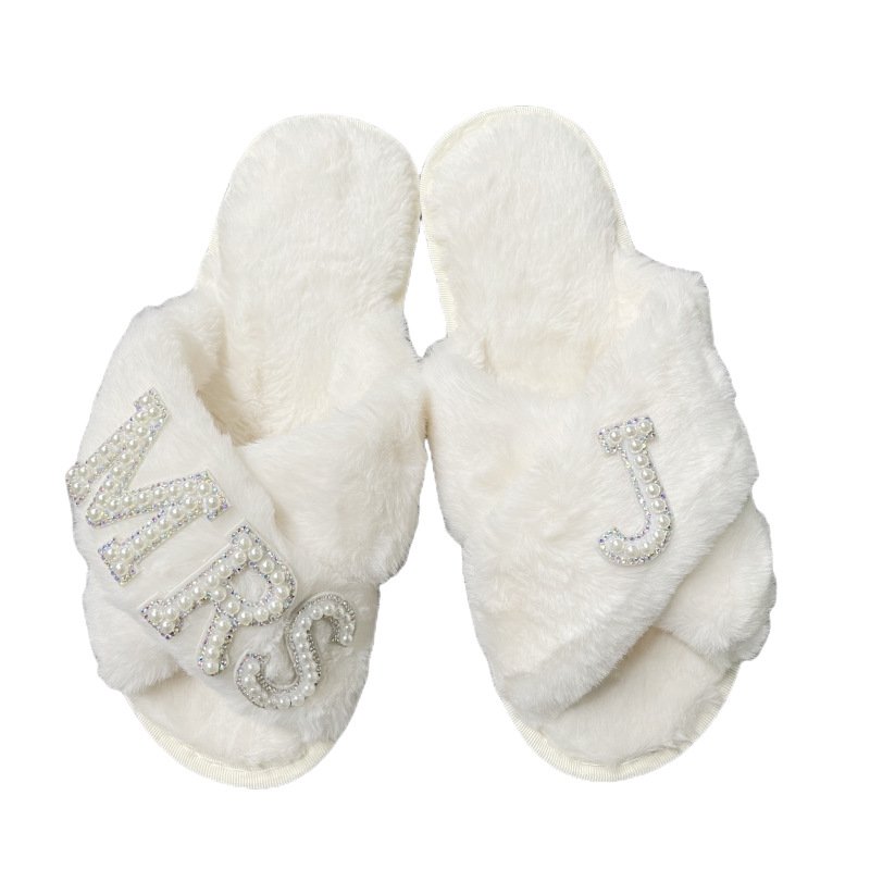 Wedding Slippers Women's Bride Bridesmaid I Do Slides Faux Rabbit Fur Non-slip Sole Wedding Gift Open-toes Slides Slipper