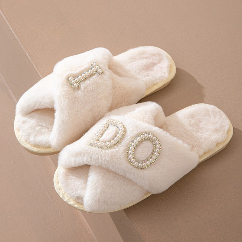 Wedding Slippers Women's Bride Bridesmaid I Do Slides Faux Rabbit Fur Non-slip Sole Wedding Gift Open-toes Slides Slipper