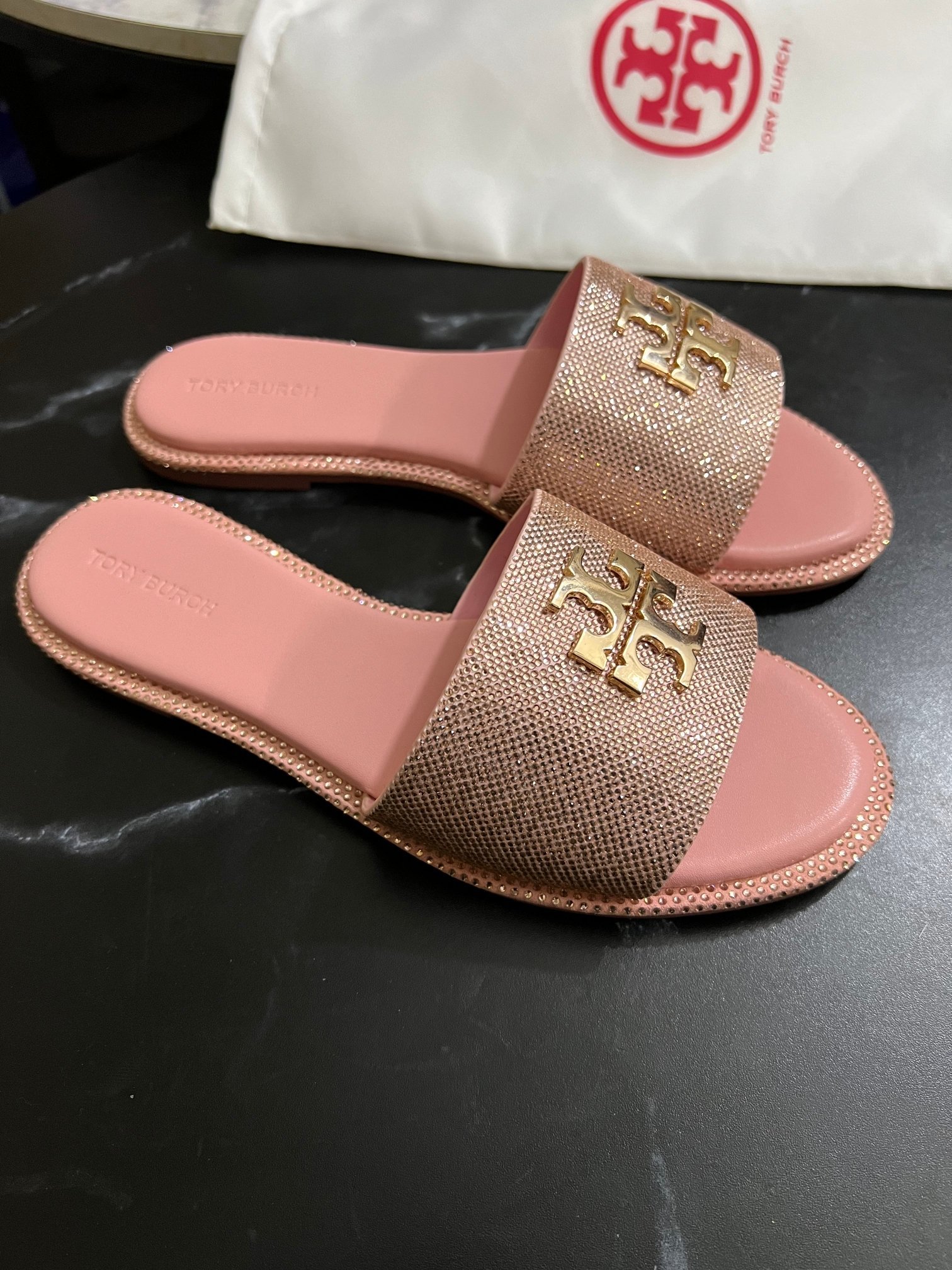 Luxury Brand Ladies leather Shiny TB Sandals Summer Flat Beach Slide Women Sandals