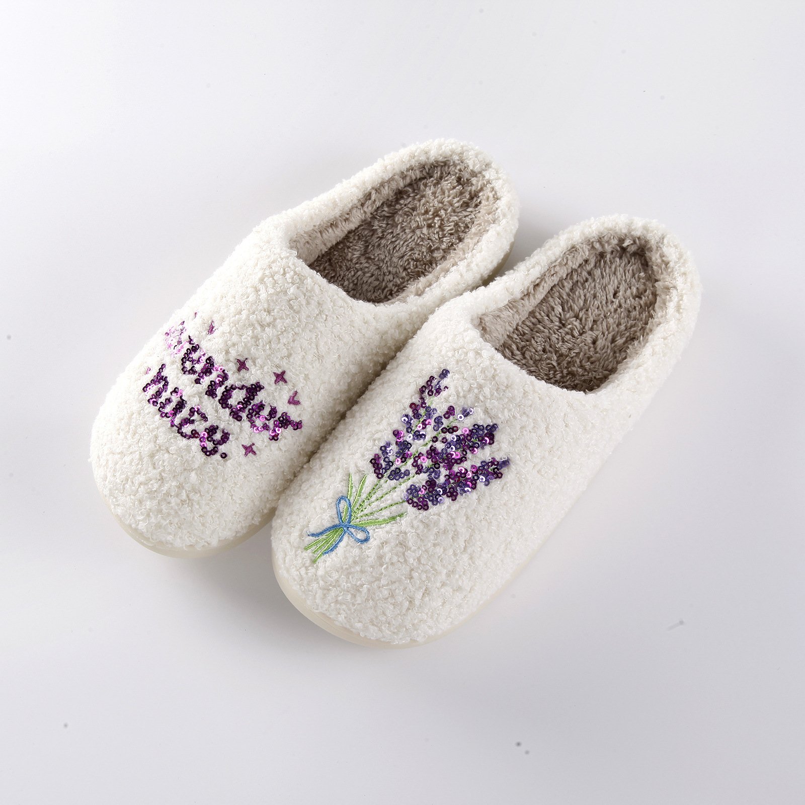 New Arrival Zapatos de Mujer Lady Female Lavender Winter Soft Fleece Towel Flat Plush Fluffy Fur Home Slippers for Women