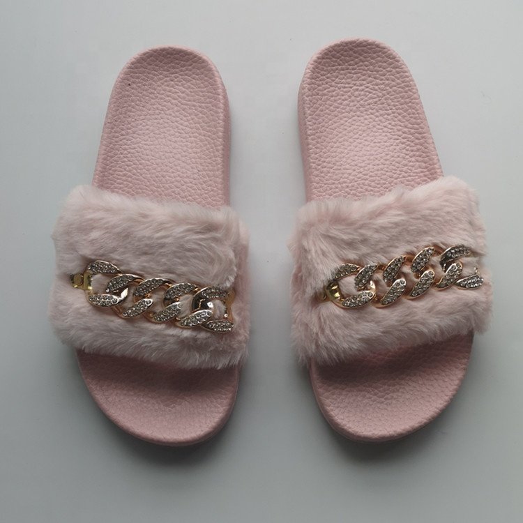 Cheap Indoor Chain Embellished Fake Rabbit Fur Slippers Casual Ladies Faux Fur Slide