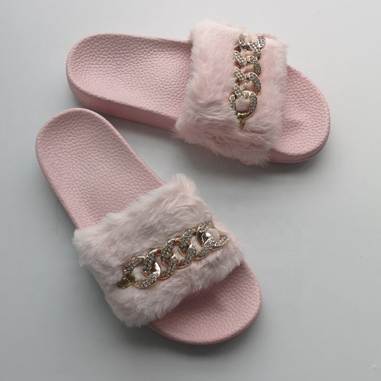 Cheap Indoor Chain Embellished Fake Rabbit Fur Slippers Casual Ladies Faux Fur Slide
