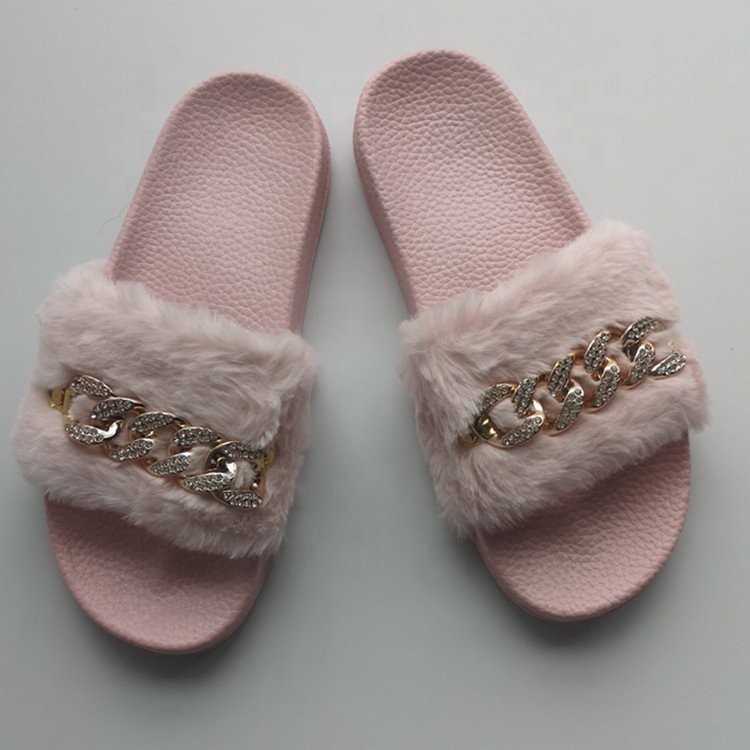 Cheap Indoor Chain Embellished Fake Rabbit Fur Slippers Casual Ladies Faux Fur Slide