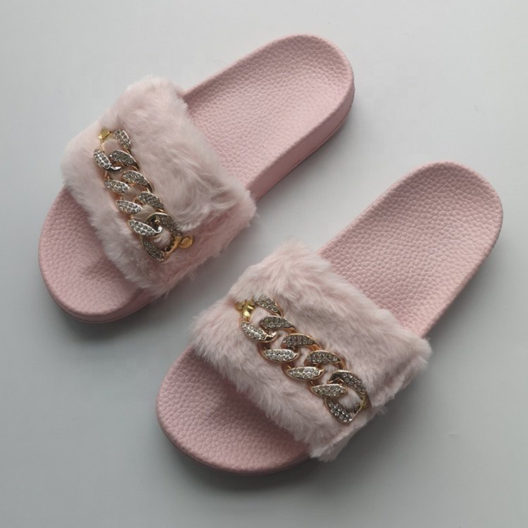 Cheap Indoor Chain Embellished Fake Rabbit Fur Slippers Casual Ladies Faux Fur Slide