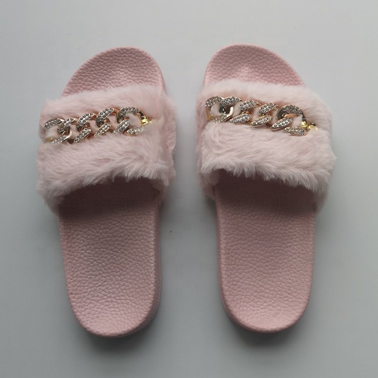 Cheap Indoor Chain Embellished Fake Rabbit Fur Slippers Casual Ladies Faux Fur Slide