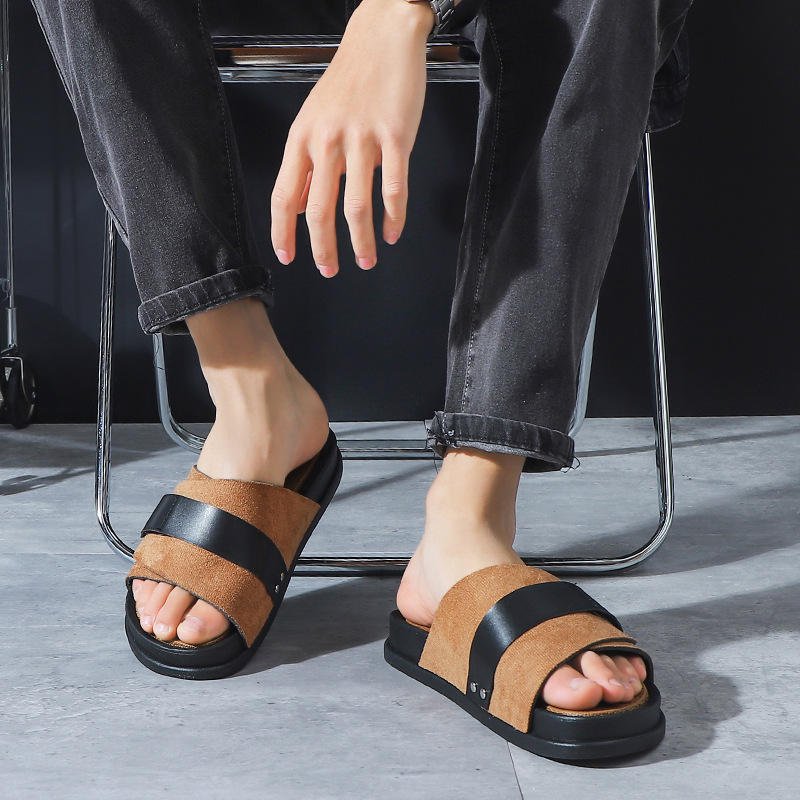 2024 Summer Outdoor Casual Thick Bottom Men's Slide Sandal EVA Leather Business Slippers PVC Insole Fashionable Style