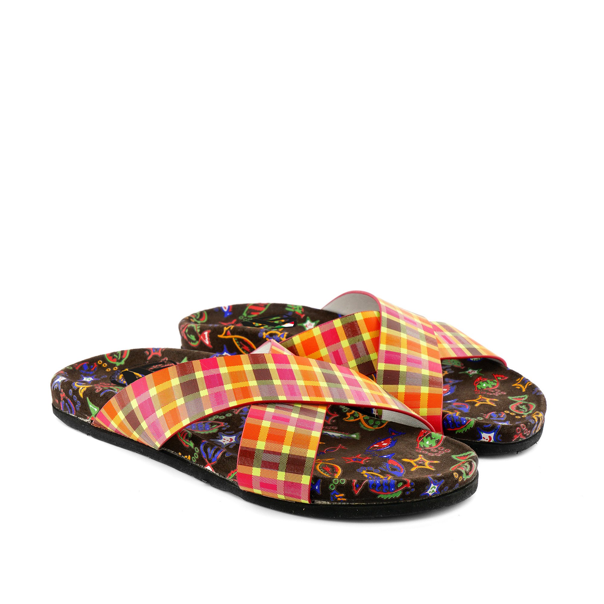 HIGH QUALITY WOMAN SLIPPER BROWN LEATHER ANATOMIC FUSBET WITH TWO BANDS UPPER DIGITALLY MULTICOLOR PRINTED MADE IN ITALY