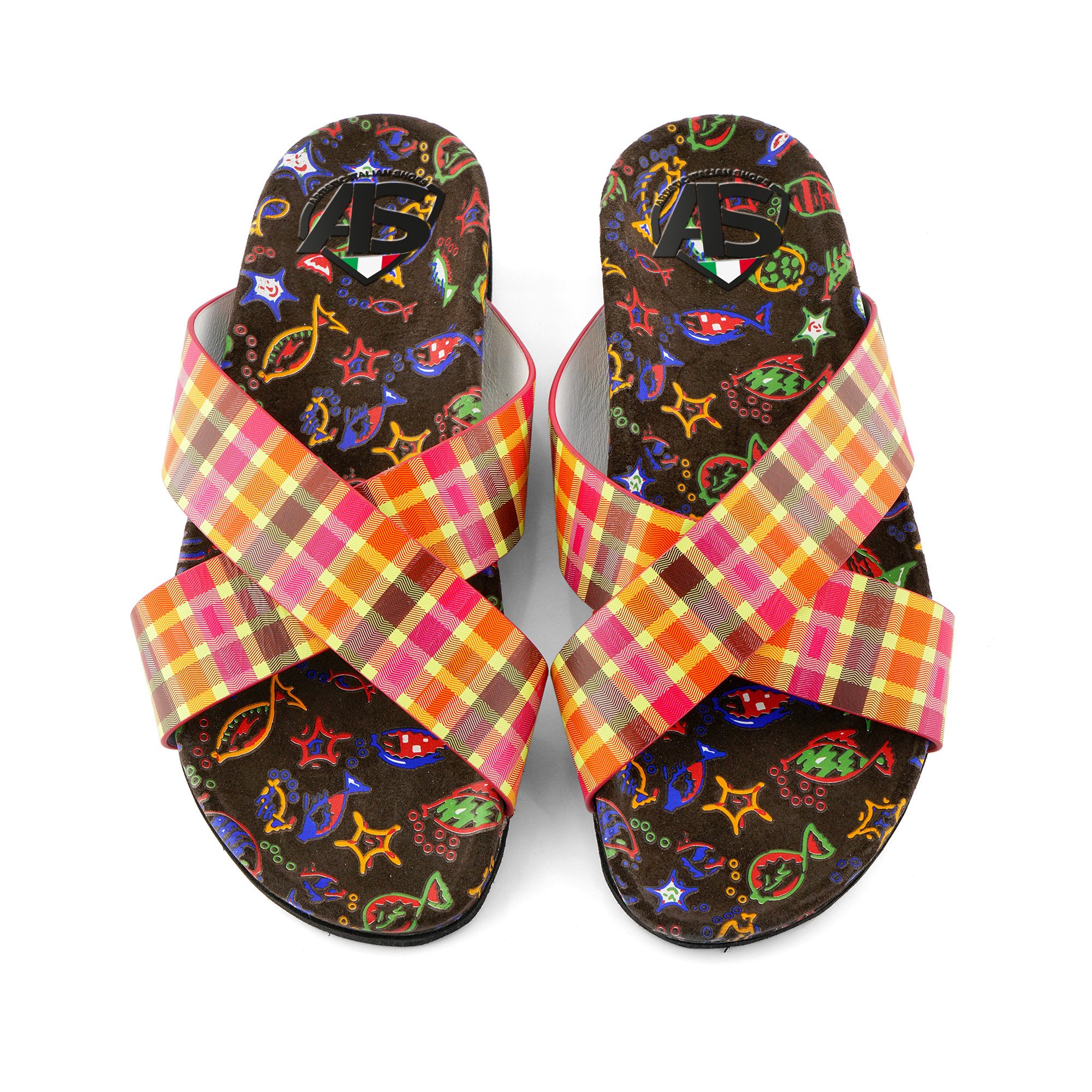 HIGH QUALITY WOMAN SLIPPER BROWN LEATHER ANATOMIC FUSBET WITH TWO BANDS UPPER DIGITALLY MULTICOLOR PRINTED MADE IN ITALY