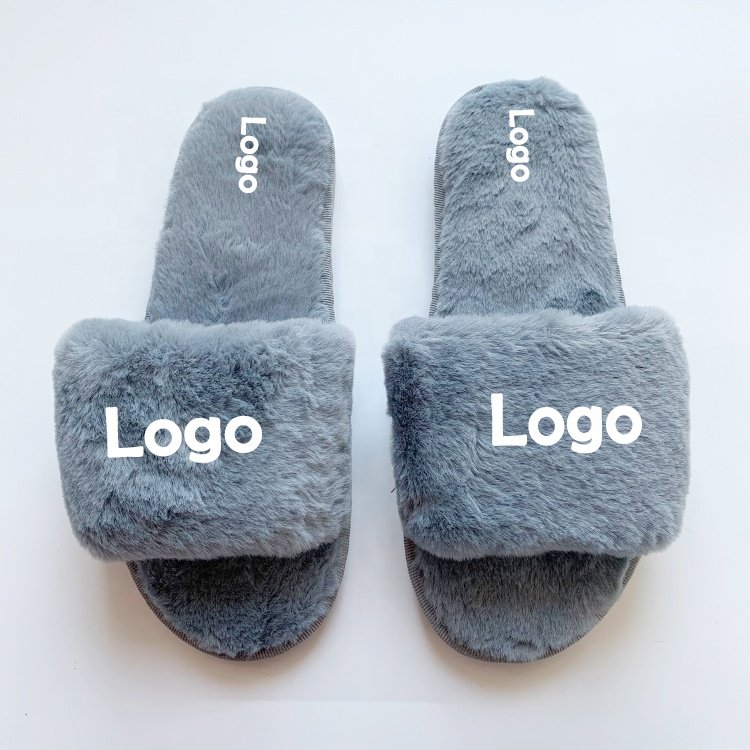 2024 Custom Pure Color Women Warm Winter One Strap Faux Fur Home Slides with Logo Plush Soft Fleece Slippers For Female