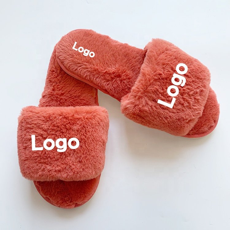 2024 Custom Pure Color Women Warm Winter One Strap Faux Fur Home Slides with Logo Plush Soft Fleece Slippers For Female