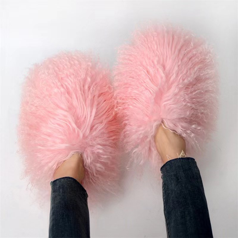 New winter real fur animal fluffy furry orange designer girls shoes wool warm snow women house fashion fur home slides slippers