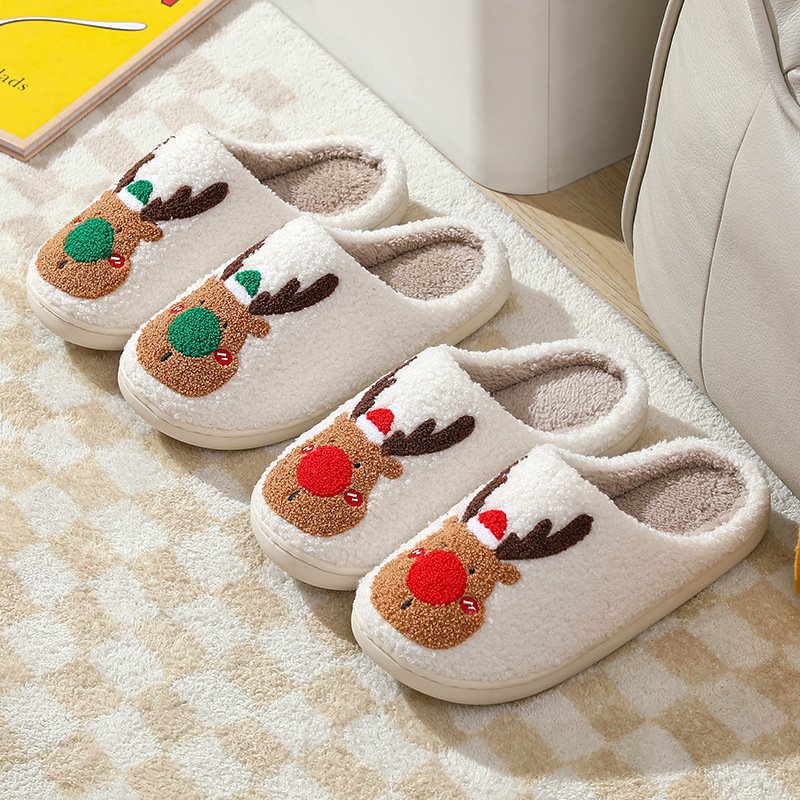 Winter warm fluffy comfy indoor home christmas reindeer slippers for woman
