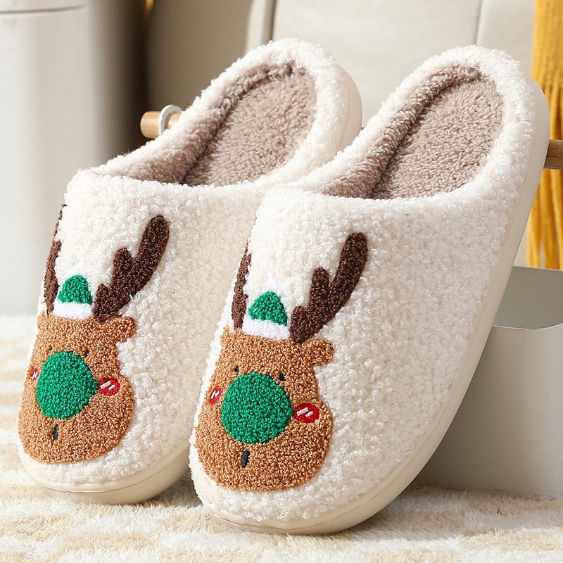 Winter warm fluffy comfy indoor home christmas reindeer slippers for woman