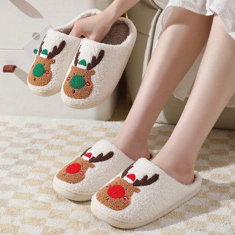 Winter warm fluffy comfy indoor home christmas reindeer slippers for woman