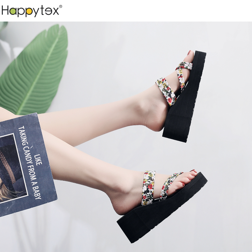 Outdoor And Home Summer Floral Satin Straps Ladies Thick High Heel Anti Slip Soft EVA Slide Slippers Flip Flops Women For Beach