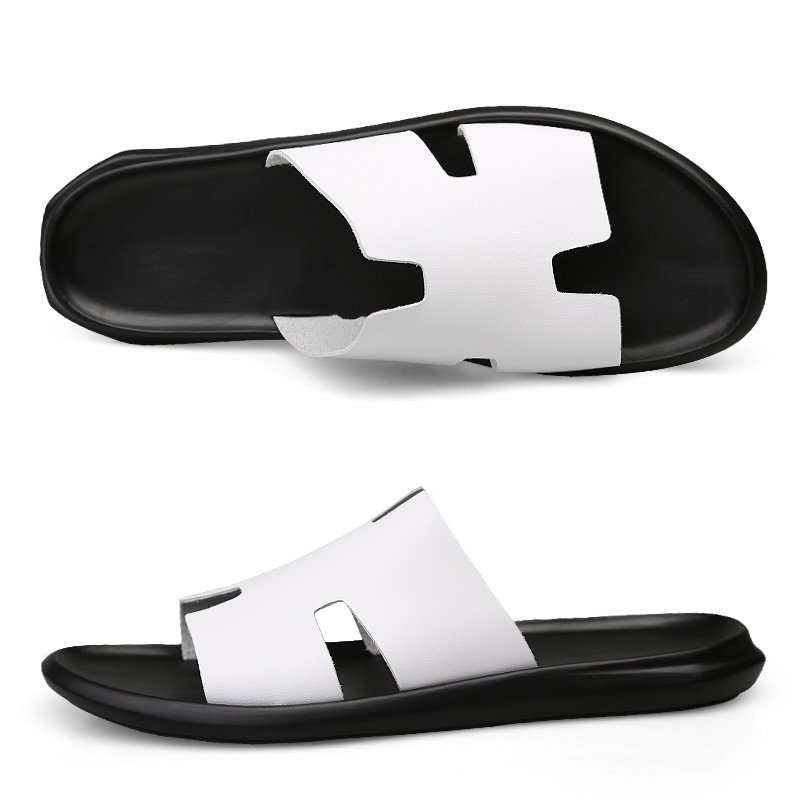 Men's Slides Slippers Outdoor Sandals Beach Shoes Flats Leather Open-toe Sport Low-top Summer Breathable Casual Light-weight