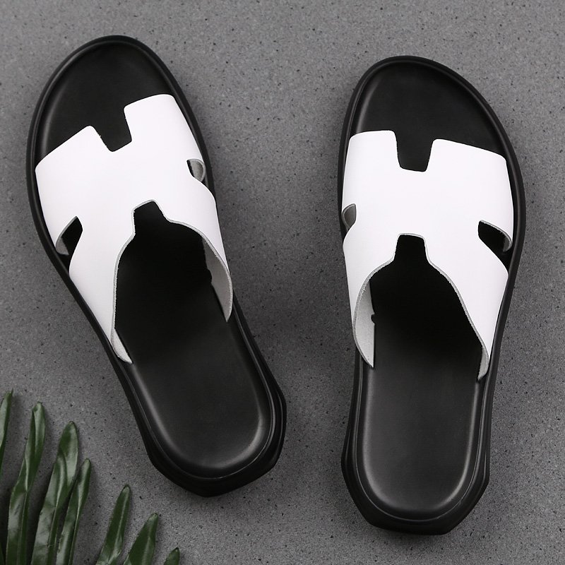 Men's Slides Slippers Outdoor Sandals Beach Shoes Flats Leather Open-toe Sport Low-top Summer Breathable Casual Light-weight