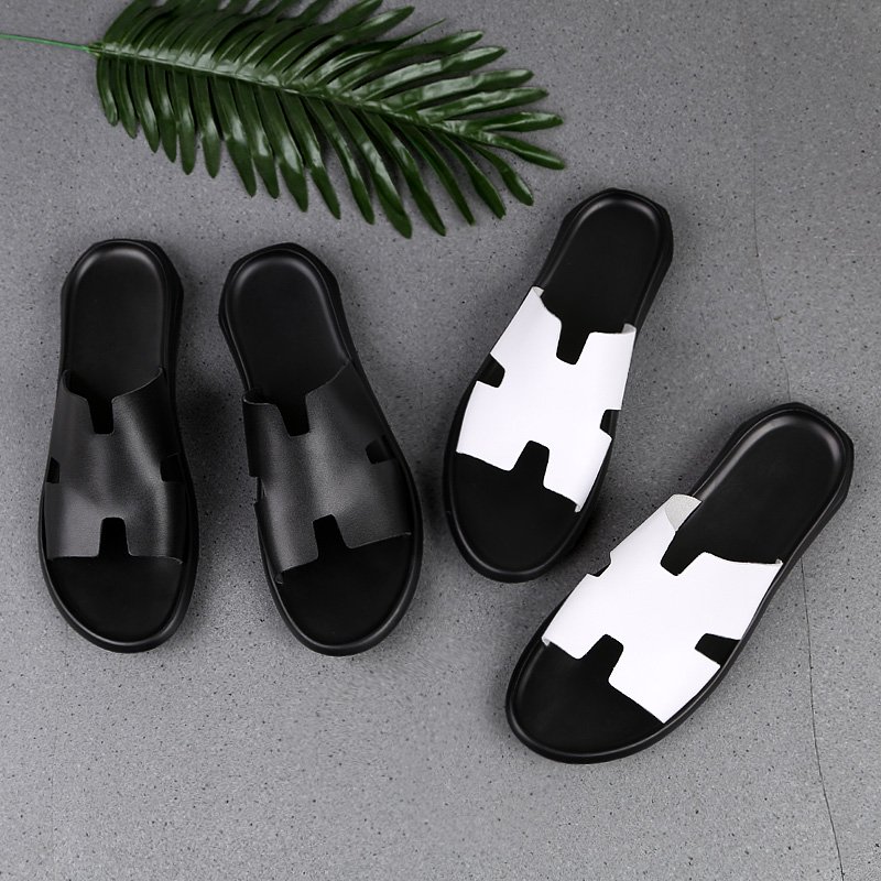 Men's Slides Slippers Outdoor Sandals Beach Shoes Flats Leather Open-toe Sport Low-top Summer Breathable Casual Light-weight