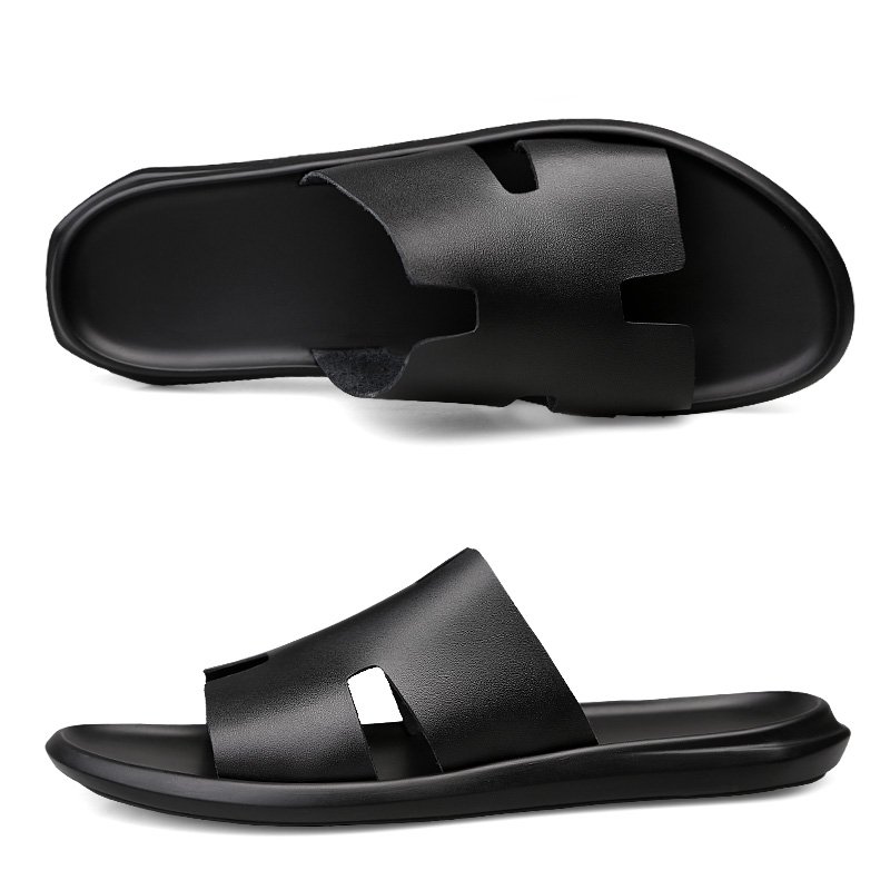 Men's Slides Slippers Outdoor Sandals Beach Shoes Flats Leather Open-toe Sport Low-top Summer Breathable Casual Light-weight