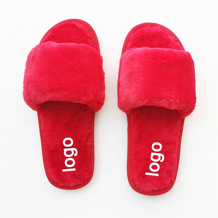 High-quality Women Autumn Plush House Fuzzy Open Toe Slides Ladies Fur Shoes Hot Pink Flat Sandals For French