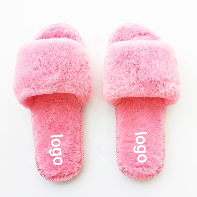 High-quality Women Autumn Plush House Fuzzy Open Toe Slides Ladies Fur Shoes Hot Pink Flat Sandals For French