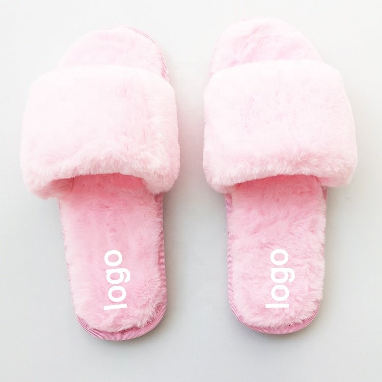 High-quality Women Autumn Plush House Fuzzy Open Toe Slides Ladies Fur Shoes Hot Pink Flat Sandals For French