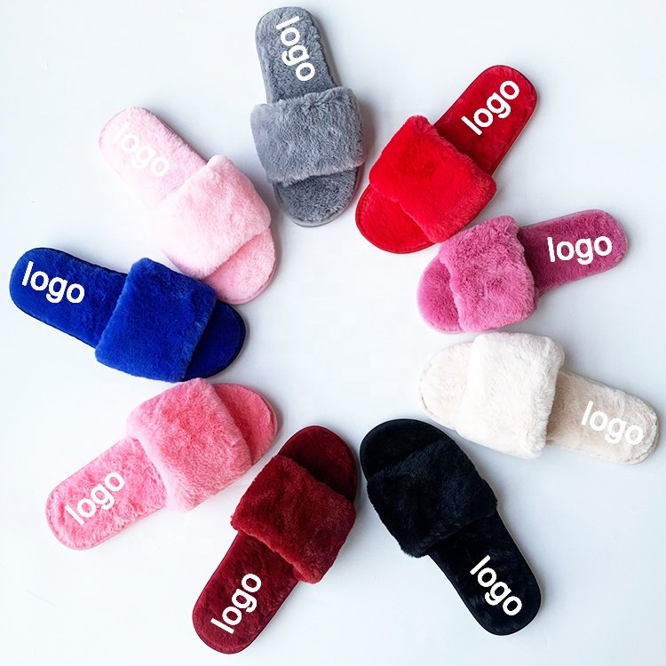 High-quality Women Autumn Plush House Fuzzy Open Toe Slides Ladies Fur Shoes Hot Pink Flat Sandals For French