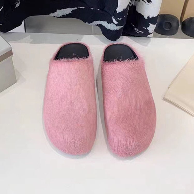 2024 Horsehair Flat Mules Women Pink Fuchsia Designer Casual Winter Ladies Outwear Party Fluffy Fur Slides Slippers