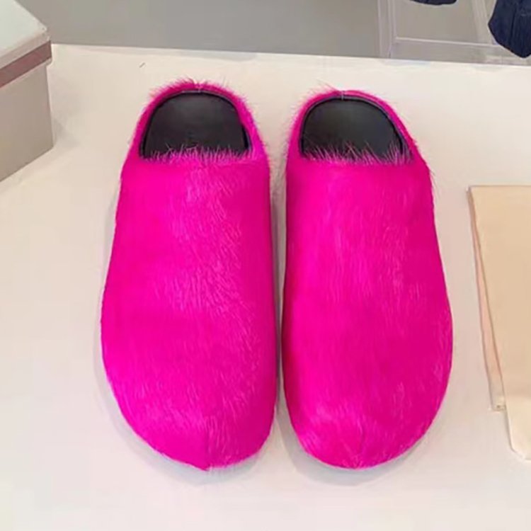 2024 Horsehair Flat Mules Women Pink Fuchsia Designer Casual Winter Ladies Outwear Party Fluffy Fur Slides Slippers