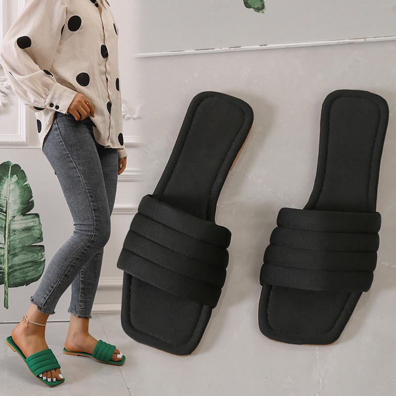 Summer Ladies Candy Color Square Toe Flat Sandals PVC Open Toe Fashionable Slide Slippers For Women