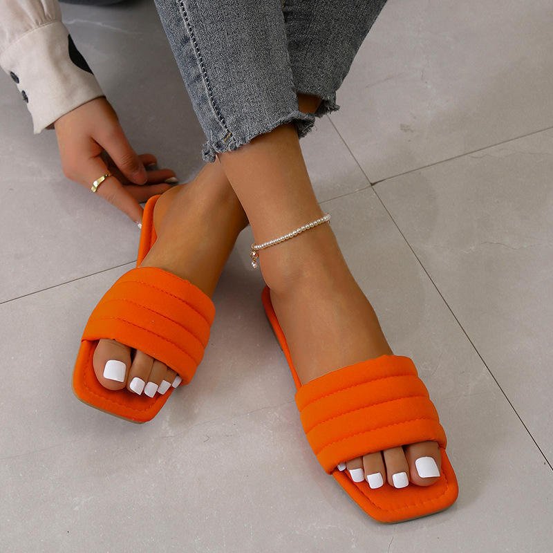 Summer Ladies Candy Color Square Toe Flat Sandals PVC Open Toe Fashionable Slide Slippers For Women