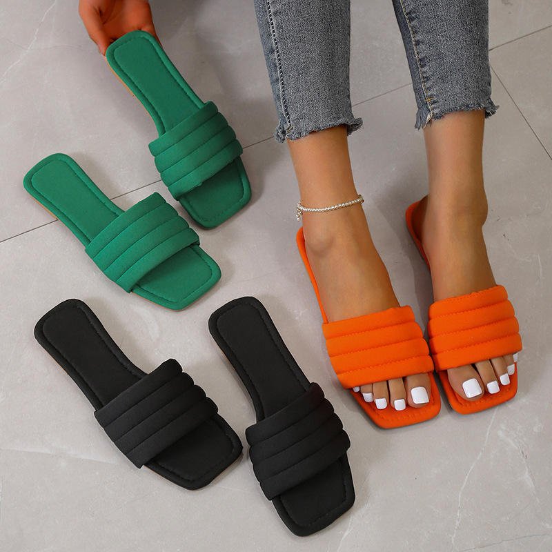 Summer Ladies Candy Color Square Toe Flat Sandals PVC Open Toe Fashionable Slide Slippers For Women