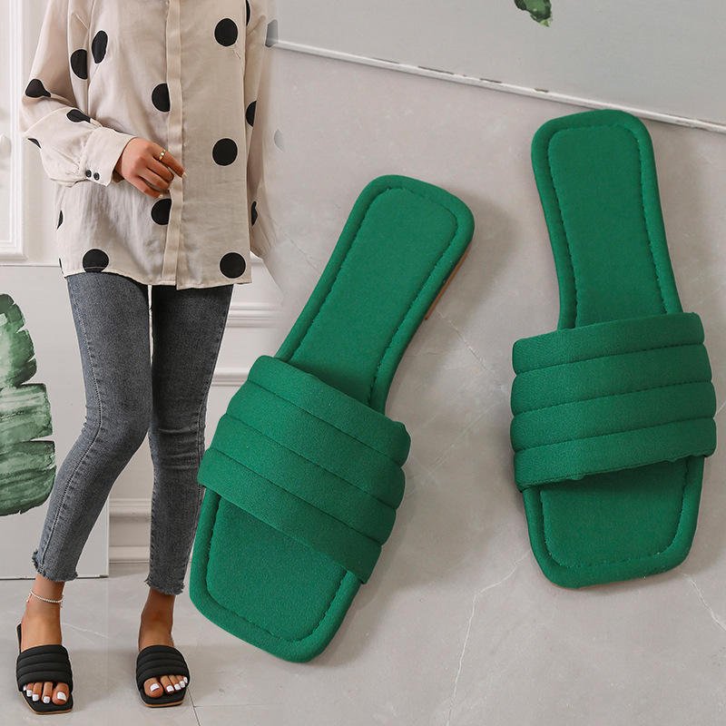 Summer Ladies Candy Color Square Toe Flat Sandals PVC Open Toe Fashionable Slide Slippers For Women