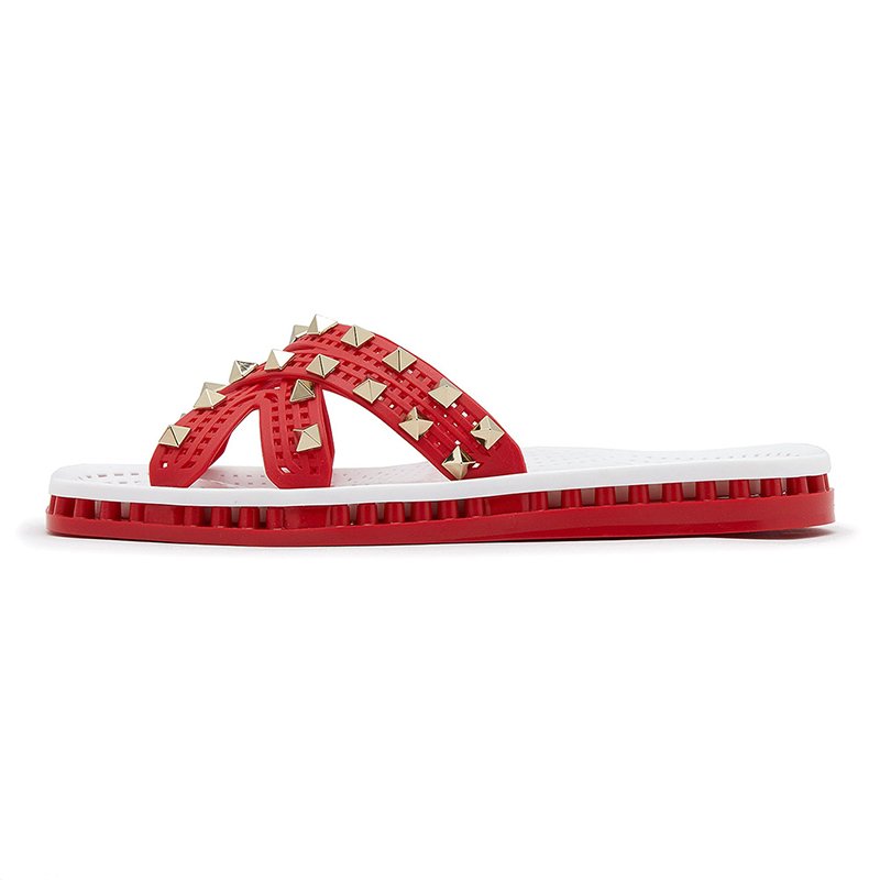 Custom Luxury Ladies Footwear Mixed Color Rivet Flat Sandals Summer Outdoor Hollow Out Design Fashion Women Slide Slippers