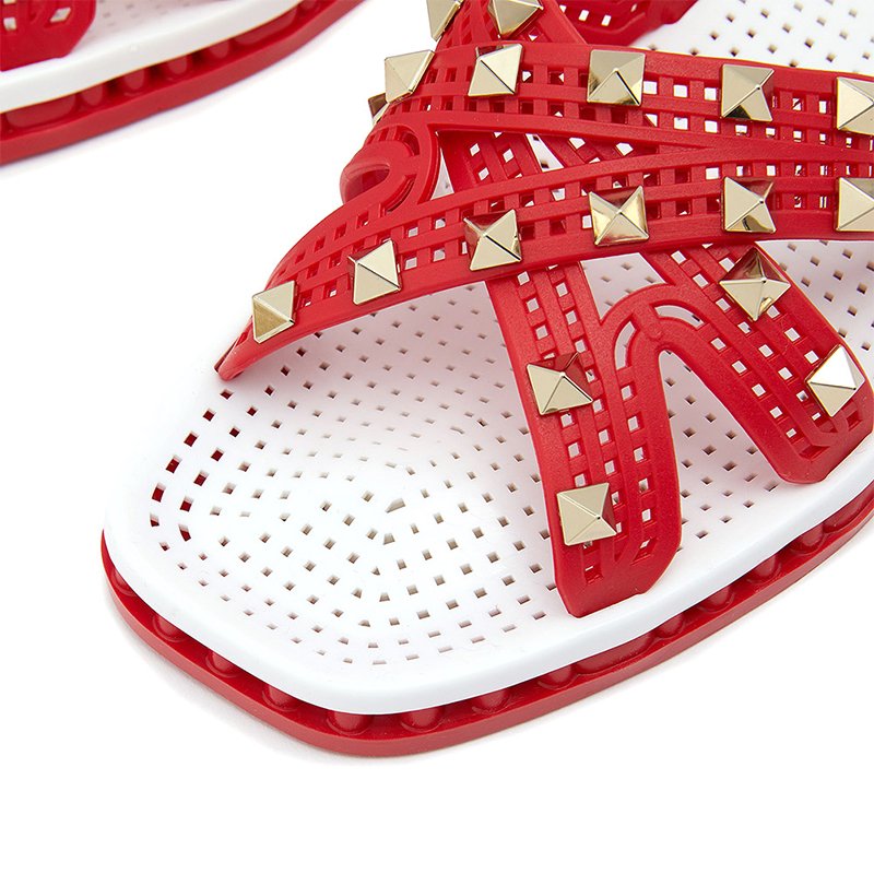 Custom Luxury Ladies Footwear Mixed Color Rivet Flat Sandals Summer Outdoor Hollow Out Design Fashion Women Slide Slippers