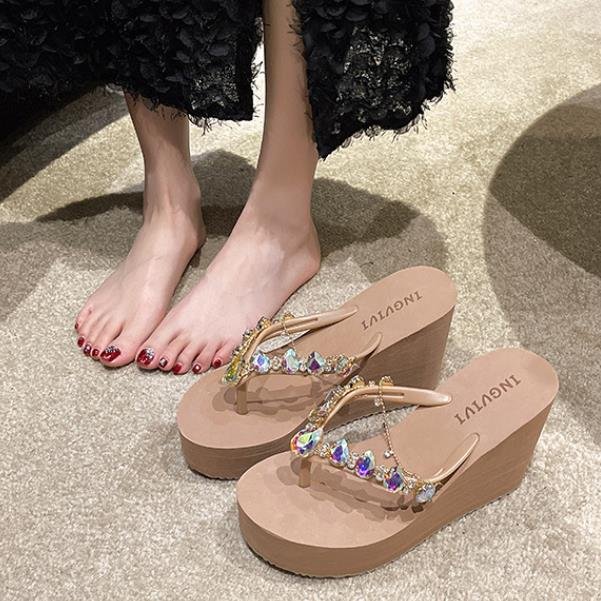 2025 new elegant bling female beach wedge sandals slippers girls platform slides women outdoor chain diamonds flip flops