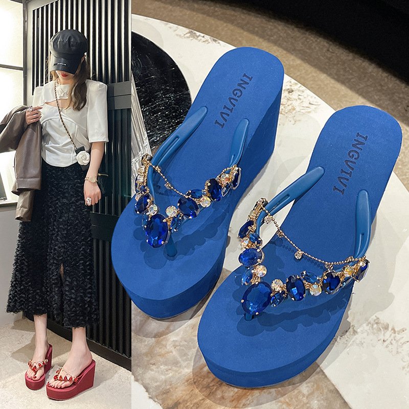 2025 new elegant bling female beach wedge sandals slippers girls platform slides women outdoor chain diamonds flip flops