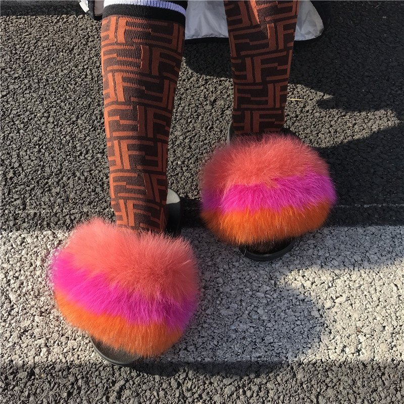 2024 New Design Luxury Real Fox Fur Slides Slippers for women