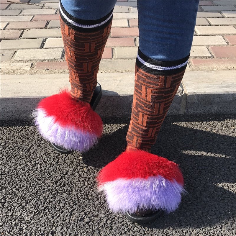 2024 New Design Luxury Real Fox Fur Slides Slippers for women