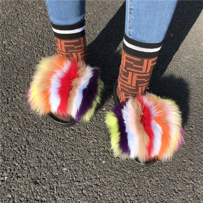 2024 New Design Luxury Real Fox Fur Slides Slippers for women