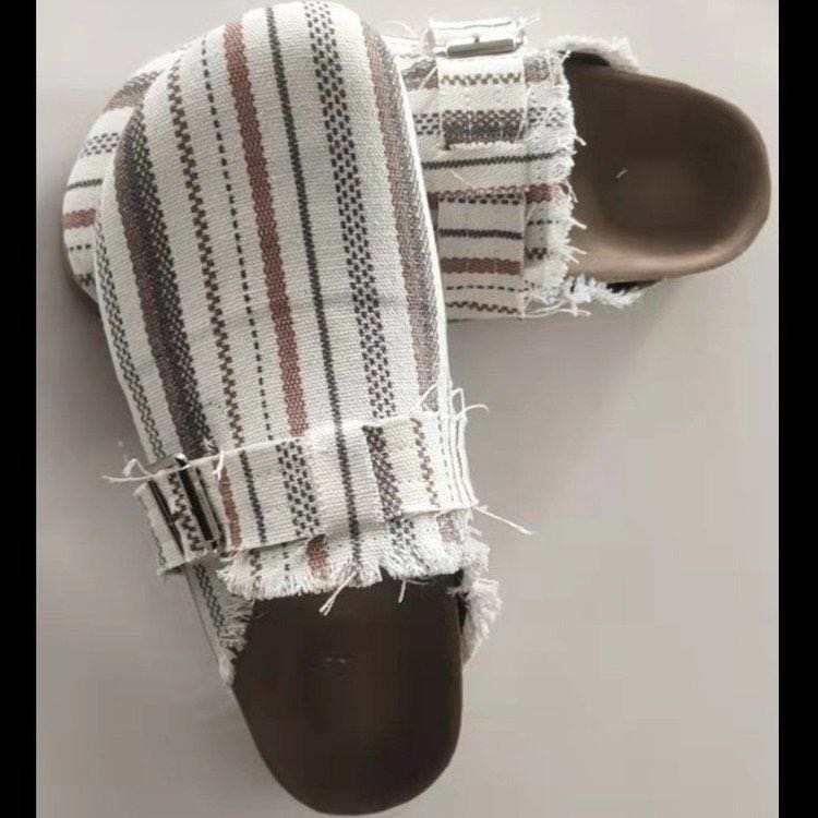 New Arrival Women Casual Striped Slippers Flat Half Slip On Shoes Canvas Slides Slippers