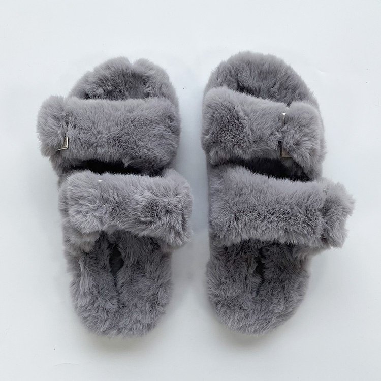 Hot On sale female footwear wholesale cheap fashion colored black faux fluffy plush animal mink fur slippers for women