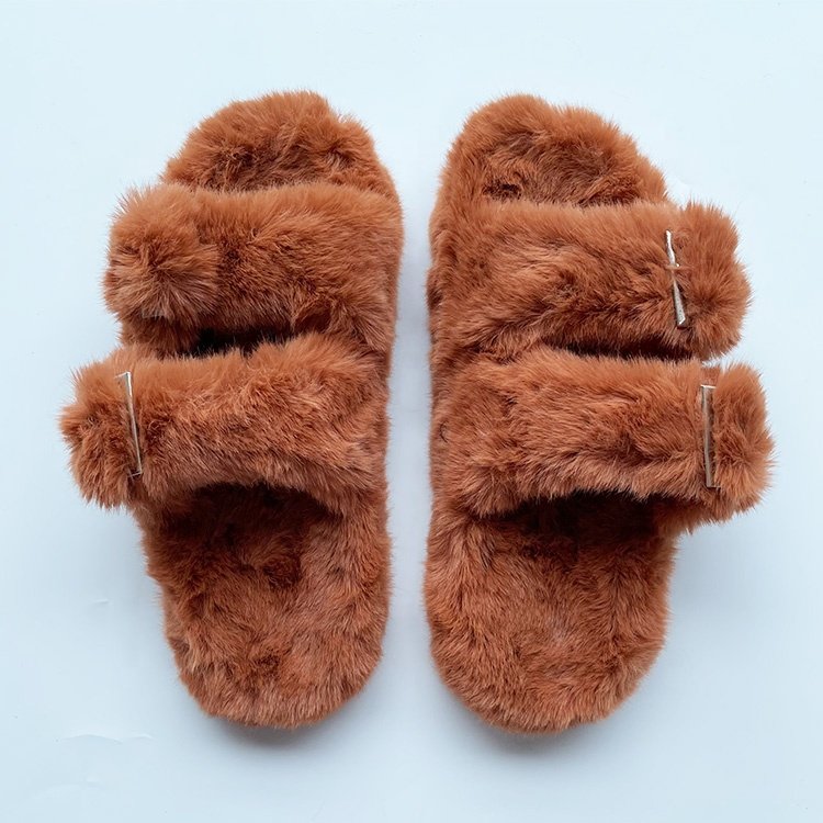 Hot On sale female footwear wholesale cheap fashion colored black faux fluffy plush animal mink fur slippers for women