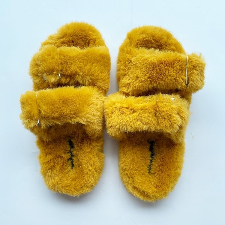Hot On sale female footwear wholesale cheap fashion colored black faux fluffy plush animal mink fur slippers for women