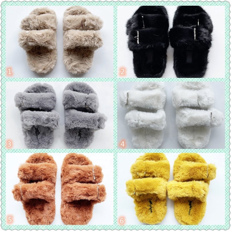 Hot On sale female footwear wholesale cheap fashion colored black faux fluffy plush animal mink fur slippers for women