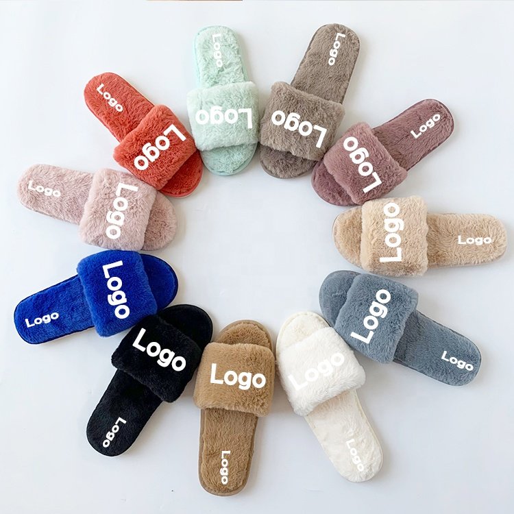 Popular Spring Open Toe One Strap House Ladies' Slides Slippers Fashion Indoor Plush Faux Fur Home Slippers for Ladies