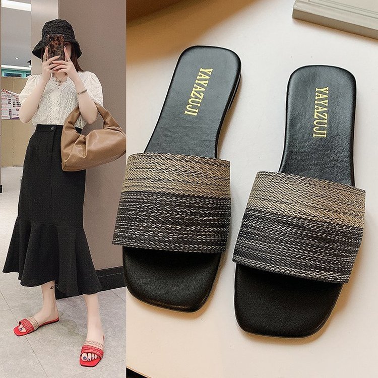 New Arrivals Square Toe Gradient Single Strap Women's Slippers Ladies Shoes Girls Flat Sandals