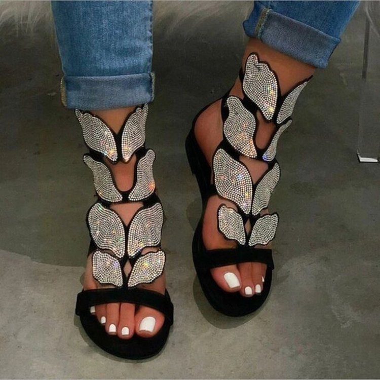 Designer 2022 summer fasion hollow out trendy pu butterfly Silver Diamond sandalia flat sandals women's rhinestone ladies sandal