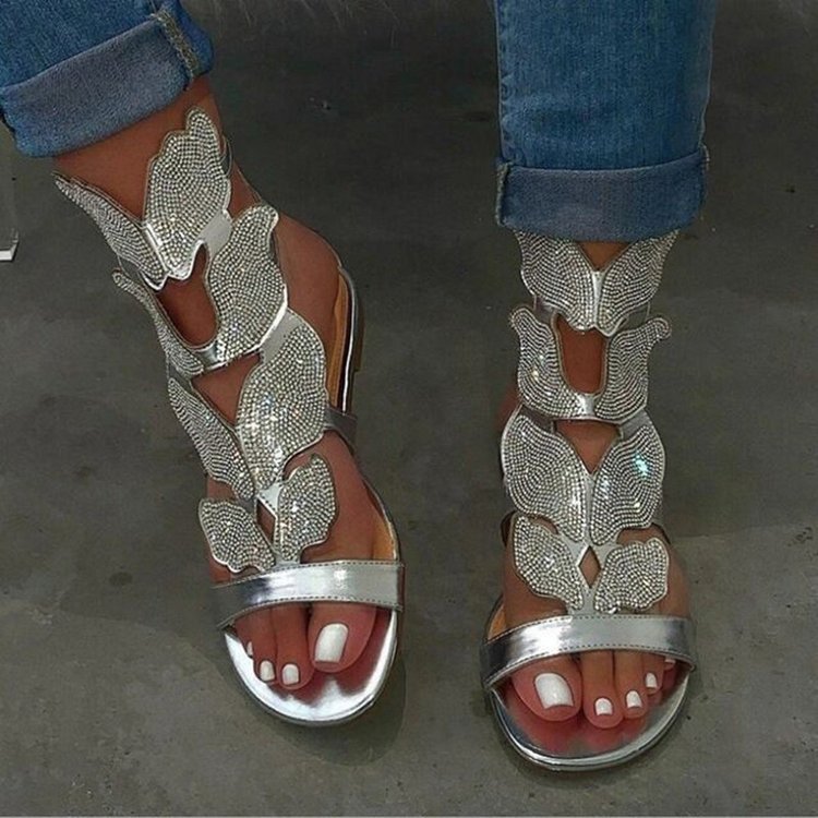 Designer 2022 summer fasion hollow out trendy pu butterfly Silver Diamond sandalia flat sandals women's rhinestone ladies sandal