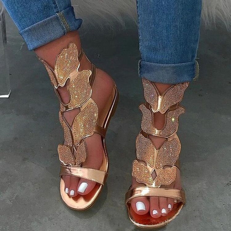 Designer 2022 summer fasion hollow out trendy pu butterfly Silver Diamond sandalia flat sandals women's rhinestone ladies sandal